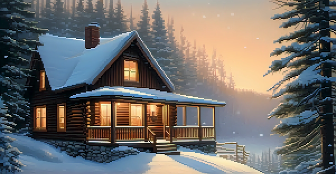 A warm, inviting cabin in a snowy forest with smoke coming from the chimney and snowflakes falling around it.