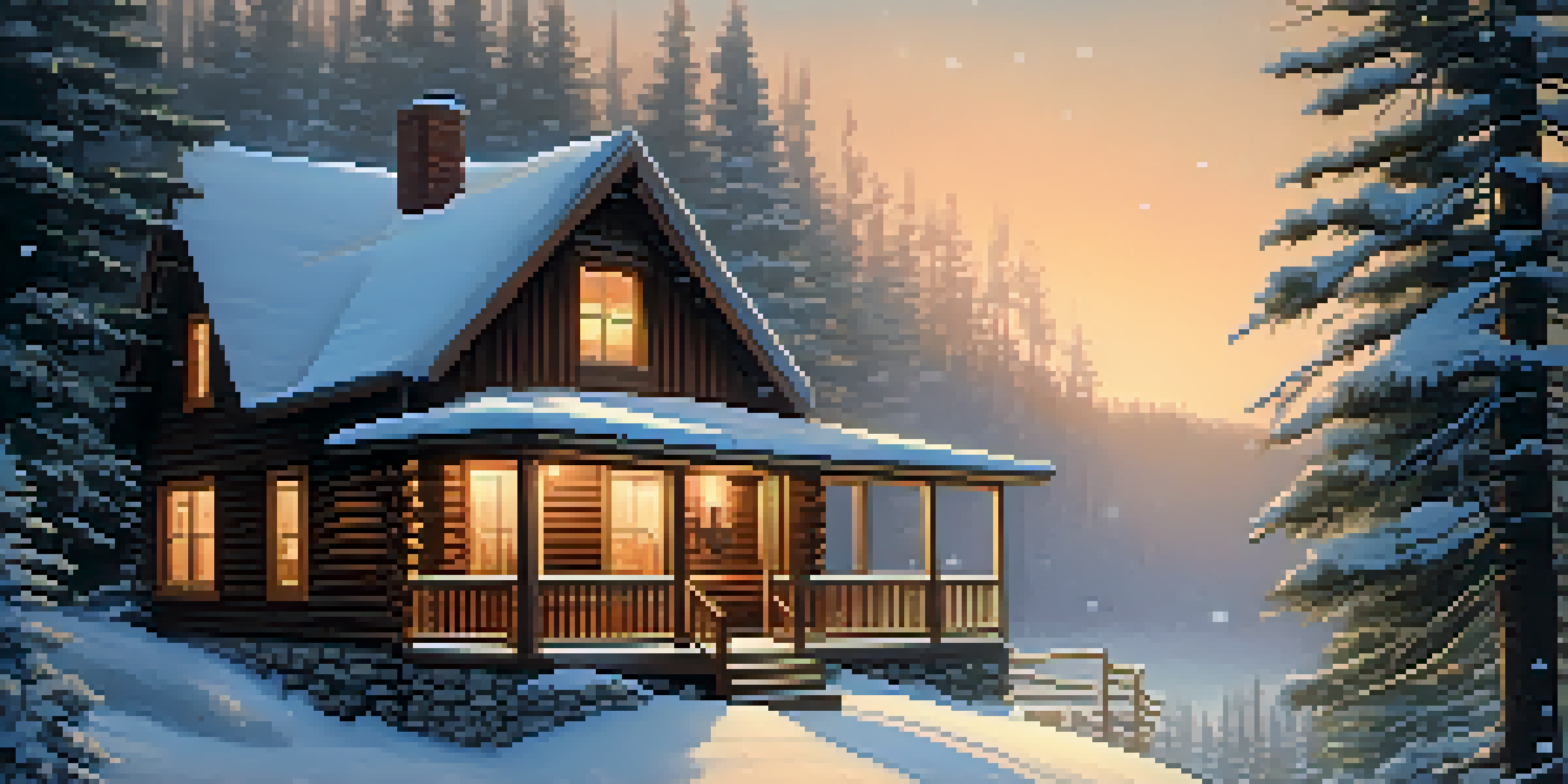 A warm, inviting cabin in a snowy forest with smoke coming from the chimney and snowflakes falling around it.