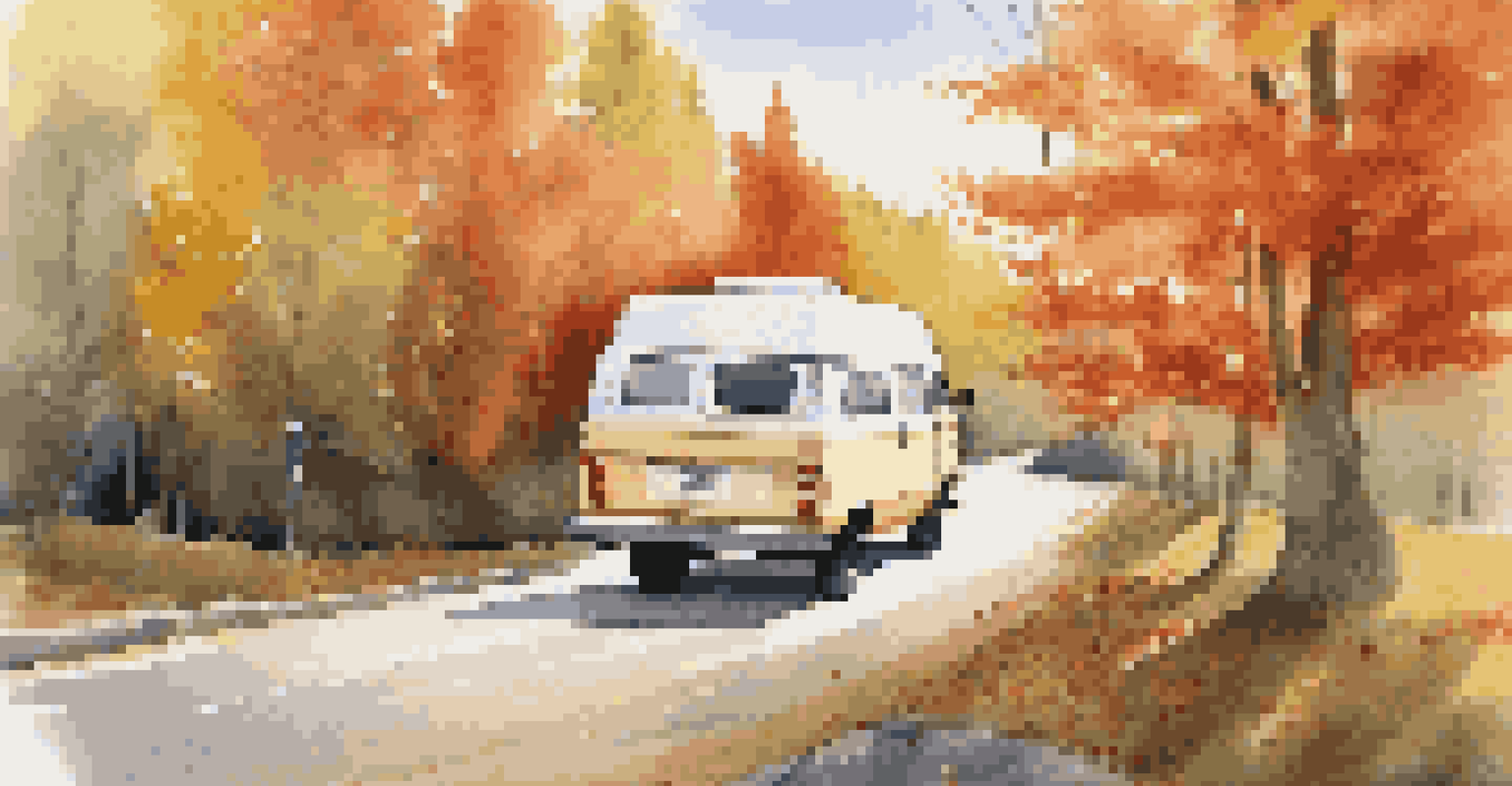 A van parked on a picturesque road surrounded by colorful autumn leaves, showcasing its clean tires and exterior.