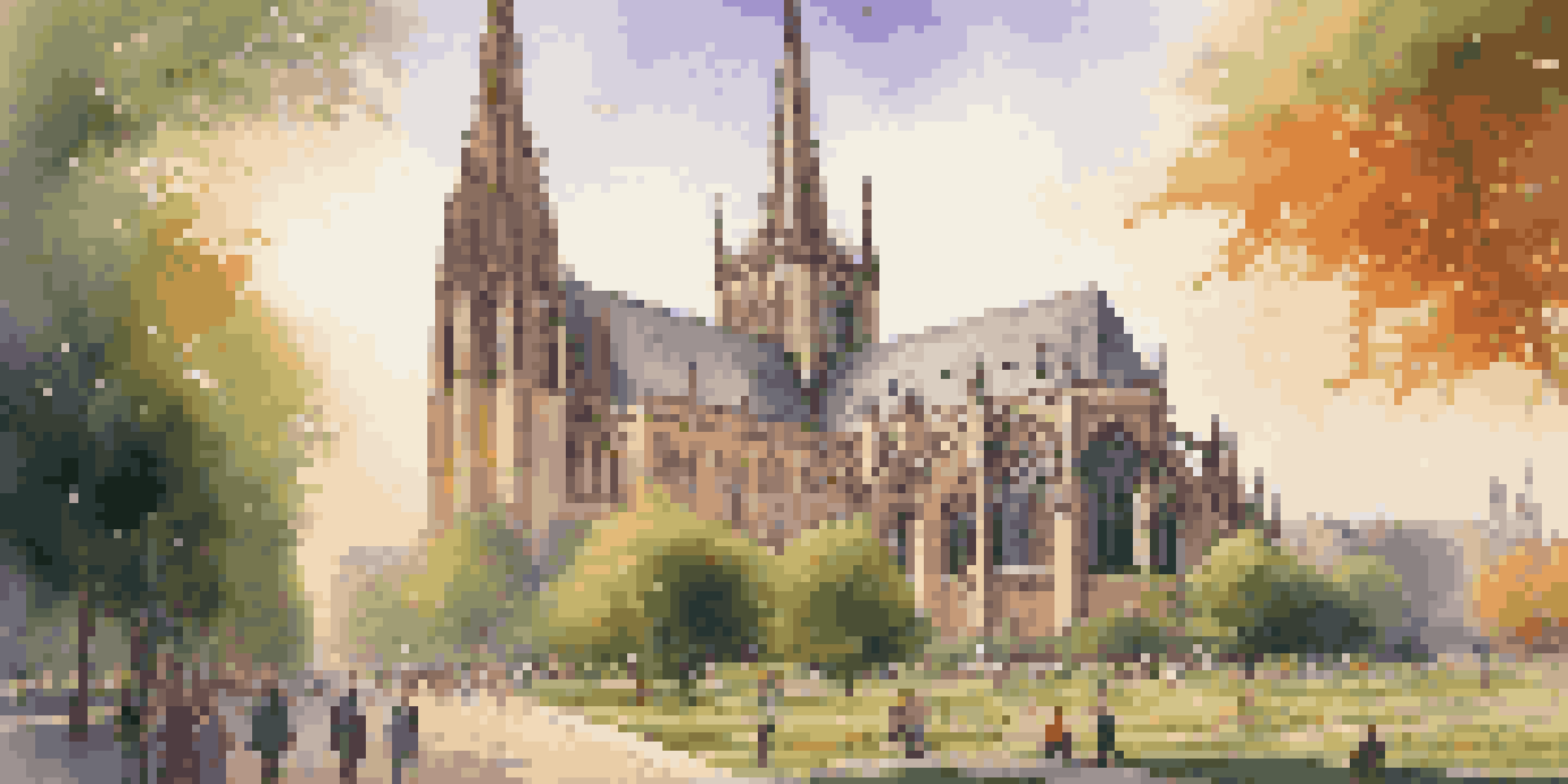 A Gothic cathedral with detailed stonework and flying buttresses, surrounded by a green park and a colorful sunset sky.