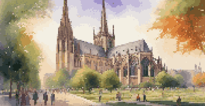 A Gothic cathedral with detailed stonework and flying buttresses, surrounded by a green park and a colorful sunset sky.