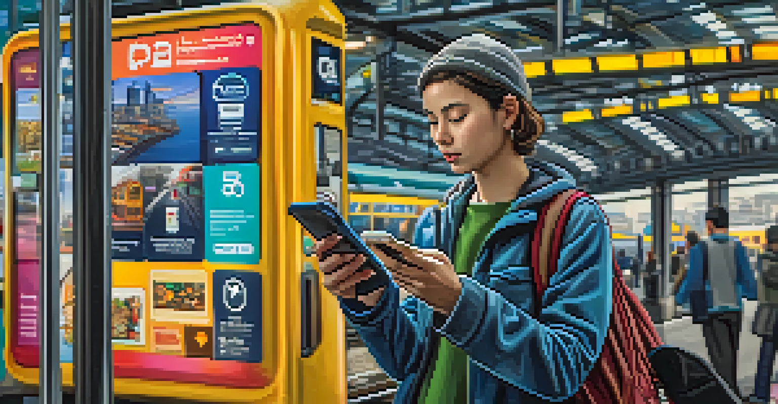 A person checking their phone at a train station, surrounded by colorful signs and advertisements, with a backpack on.