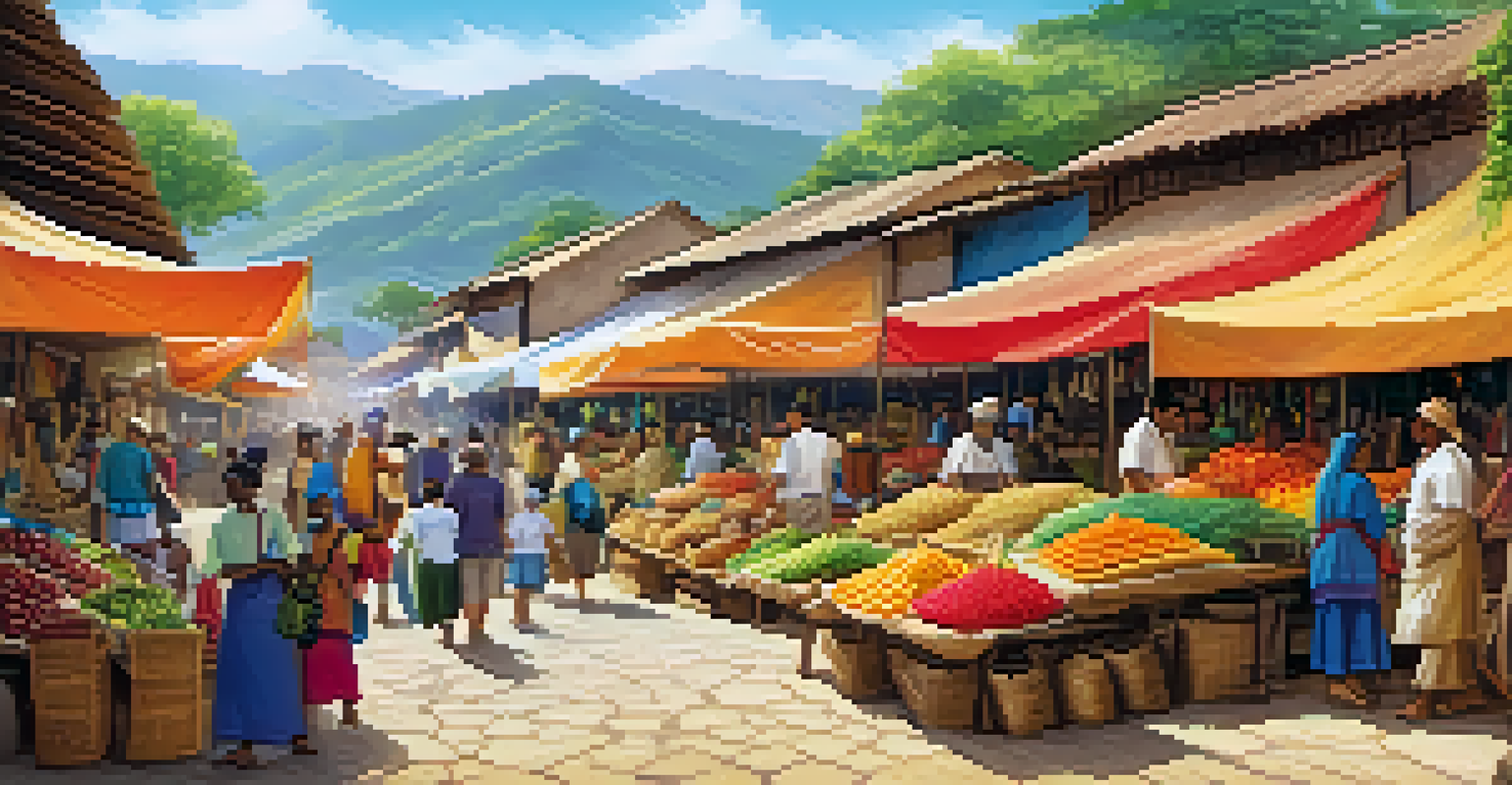 A lively marketplace with local artisans and eco-tourists interacting.