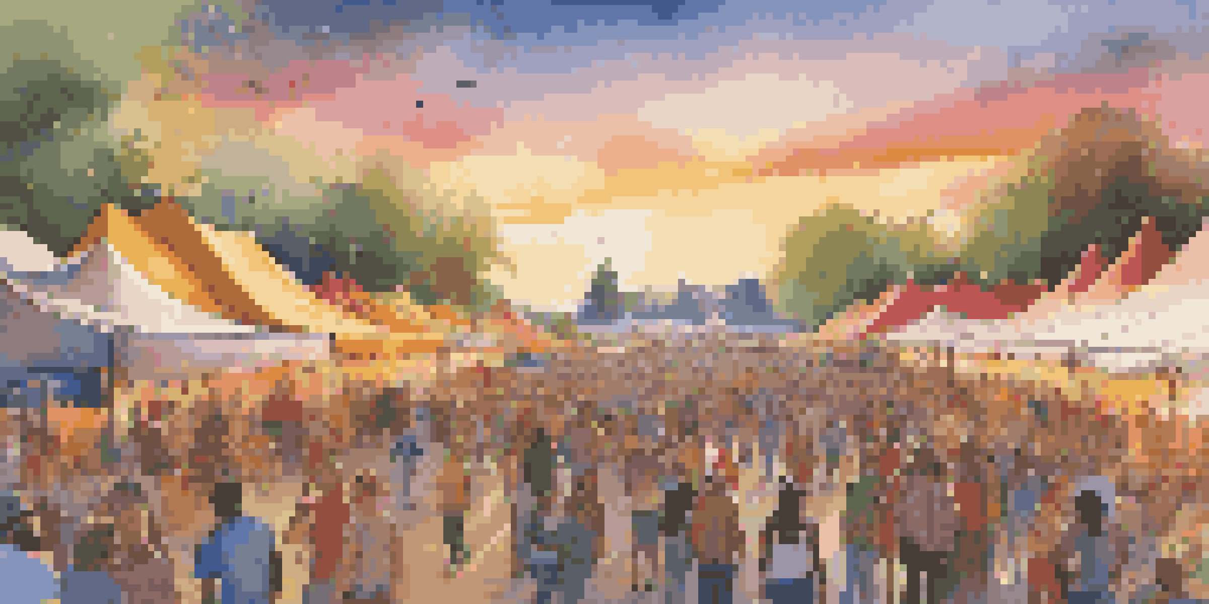 A lively outdoor music festival with diverse attendees, colorful tents, food stalls, and a band performing on stage during sunset.