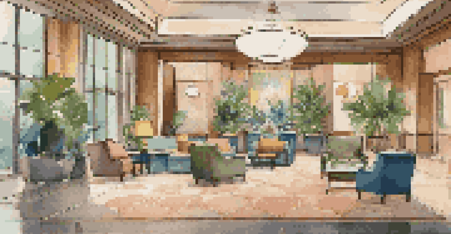 A modern hotel lobby with elegant decor, featuring a reception desk, cozy seating, and lush plants, creating a welcoming atmosphere.