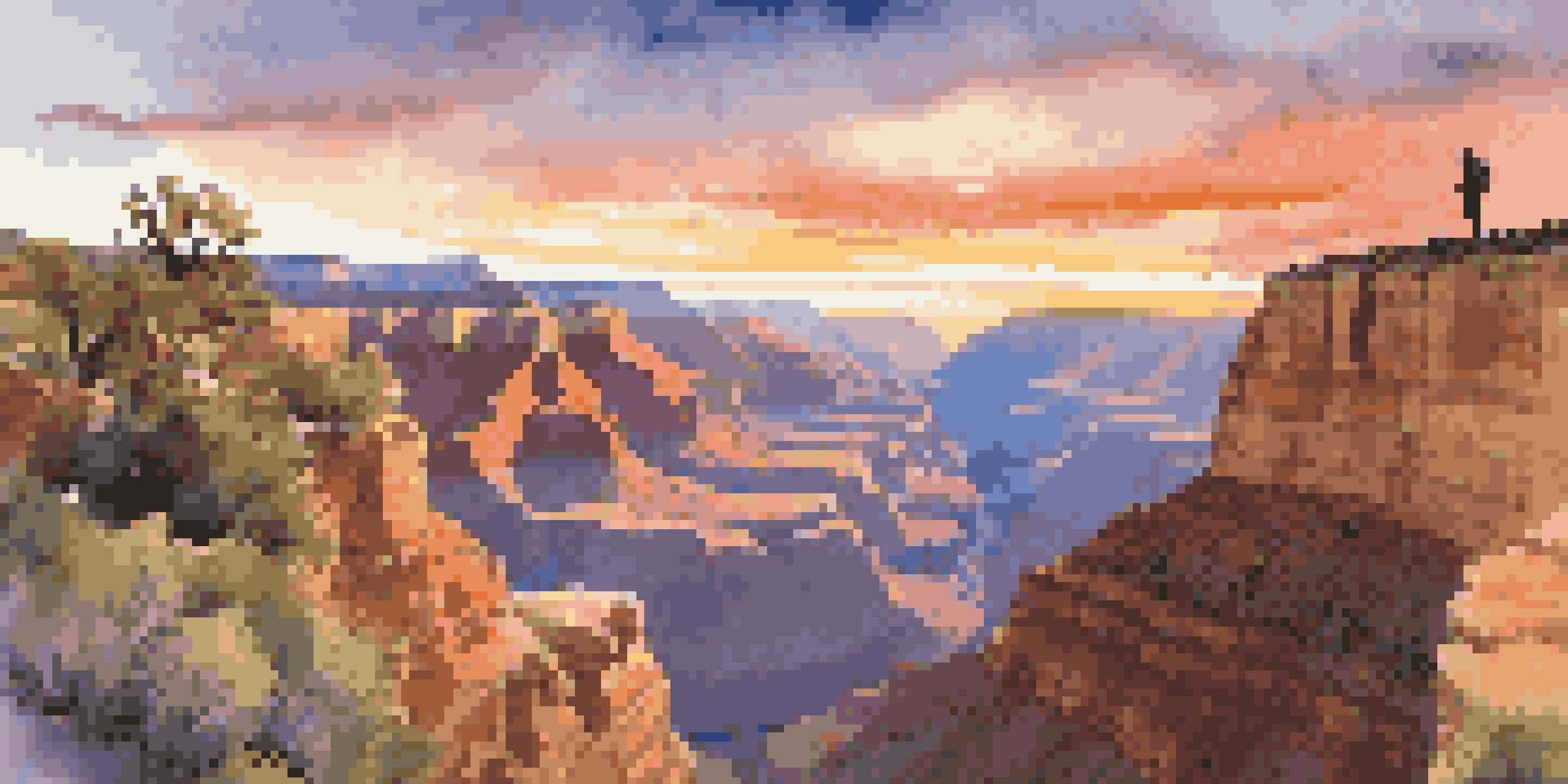 A stunning view of the Grand Canyon during sunrise with a hiker silhouette at the edge, showcasing vibrant sky colors reflecting on the canyon walls.