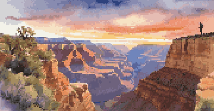 A stunning view of the Grand Canyon during sunrise with a hiker silhouette at the edge, showcasing vibrant sky colors reflecting on the canyon walls.