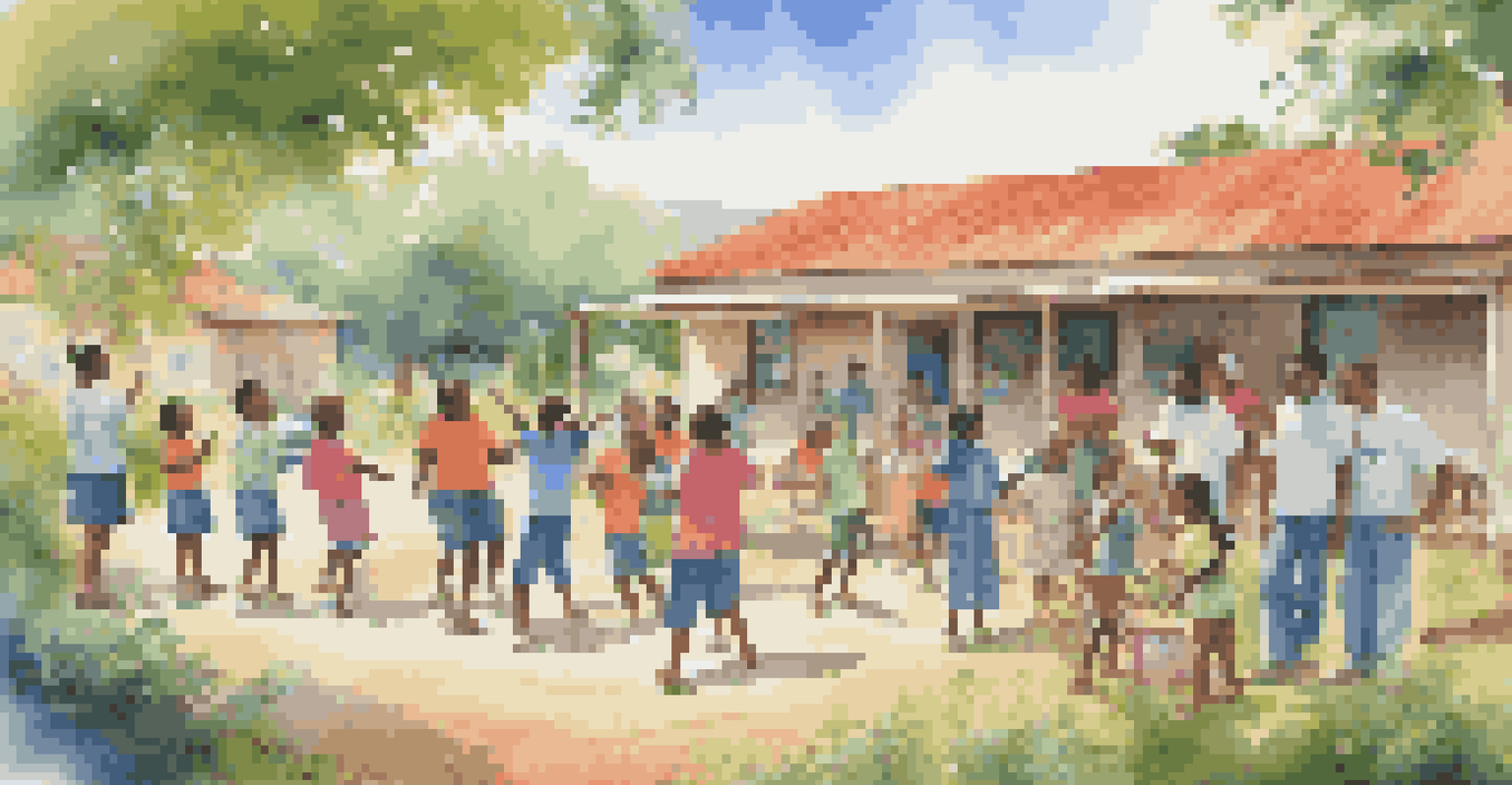 A group of volunteers interacting with local children in a rural setting, distributing school supplies.