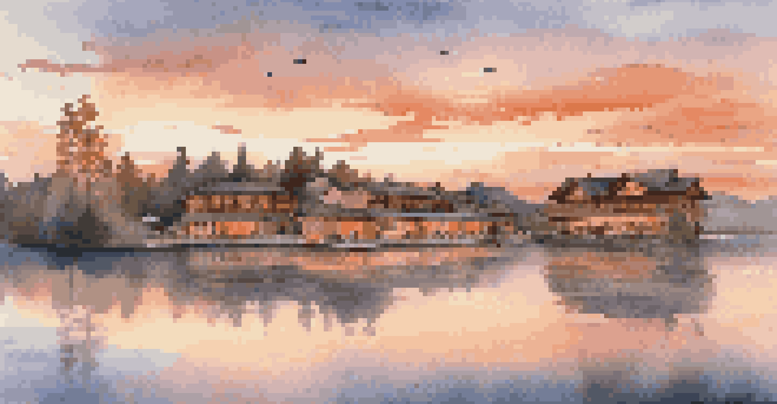 A sunset view of a travel destination with a cozy hotel and travelers exploring by a calm lake.