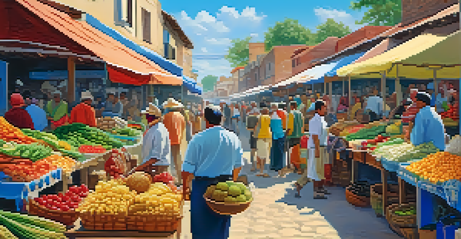 A lively local market with colorful stalls of fresh produce and handmade crafts, featuring travelers interacting with local vendors.