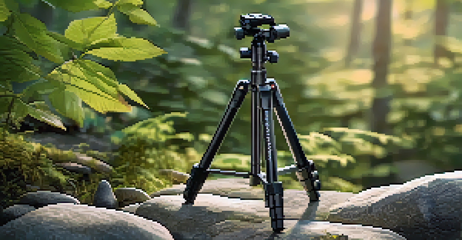 A close-up of a travel tripod on rocky ground in a forest, with morning sunlight illuminating the scene.