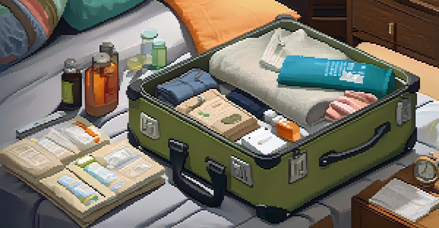 A suitcase filled with travel essentials including medication and toiletries, set in a cozy bedroom.