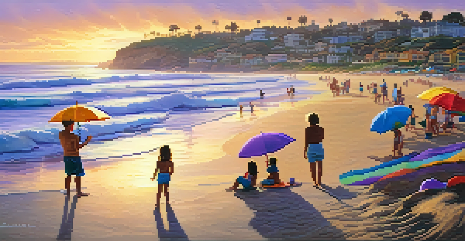 Families enjoying a sunny day at La Jolla beach, with children building sandcastles and surfers in the background during sunset.