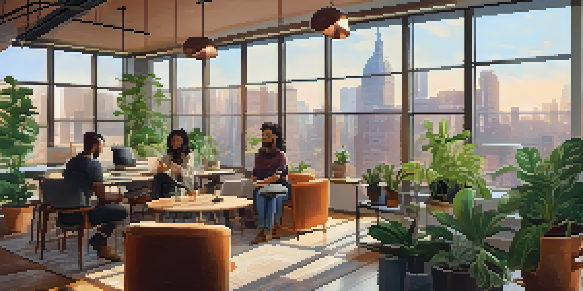 A bright and inviting co-working space with remote workers interacting, surrounded by plants and modern decor.