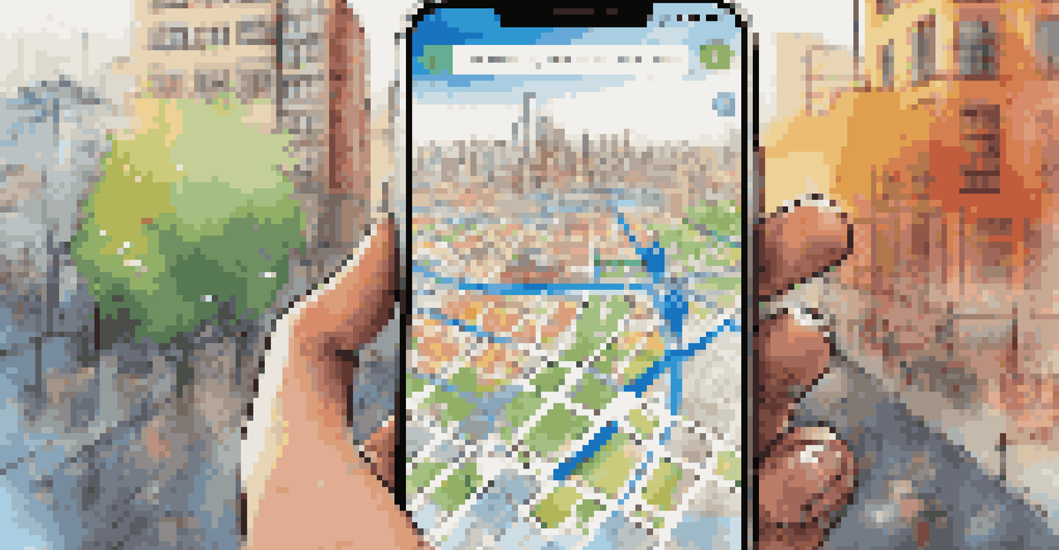 A close-up of a smartphone with a navigation app showing a city map and routes, with a blurred city background.
