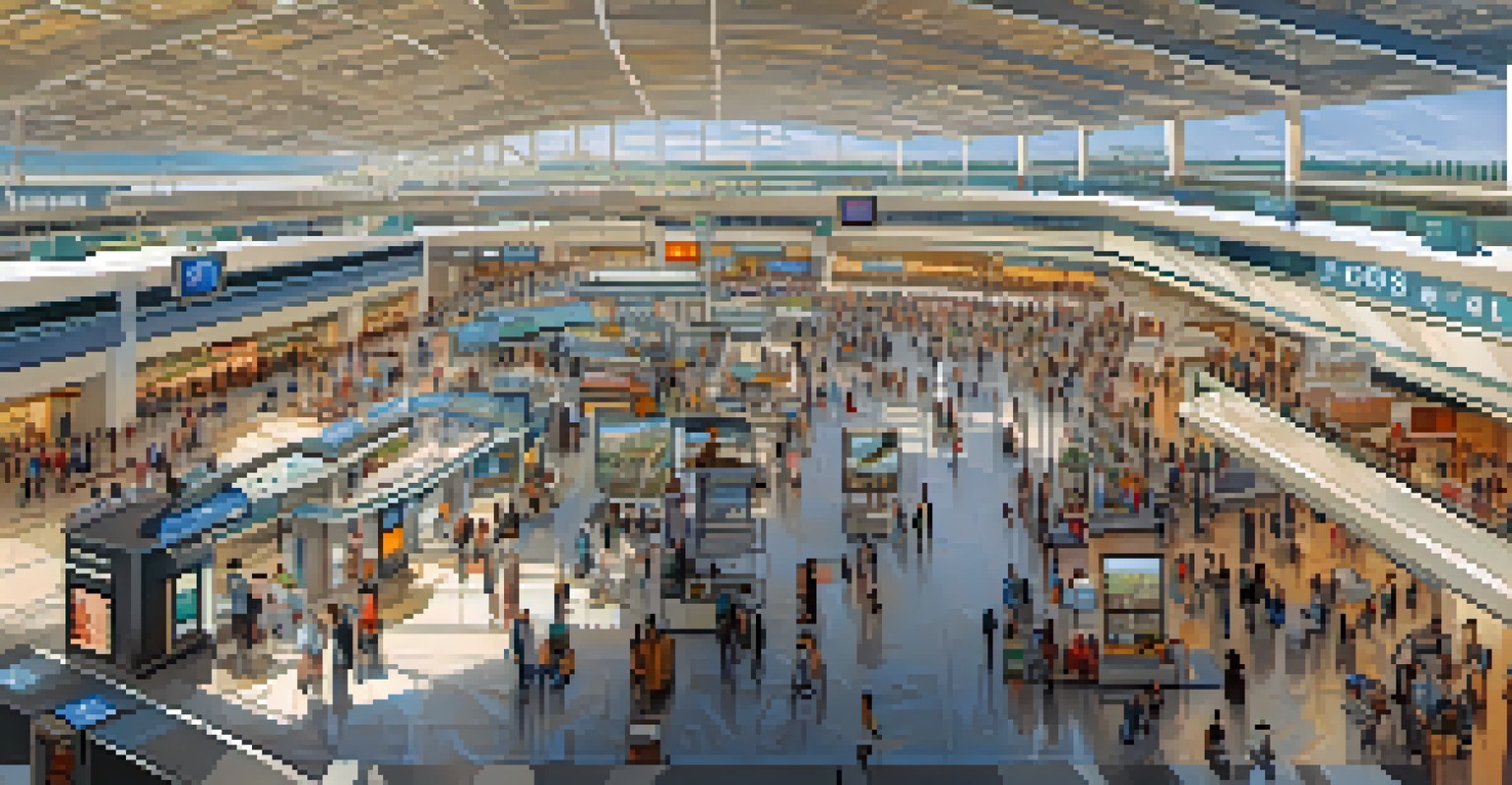 A vibrant airport terminal bustling with travelers, kiosks, and a digital flight information board.