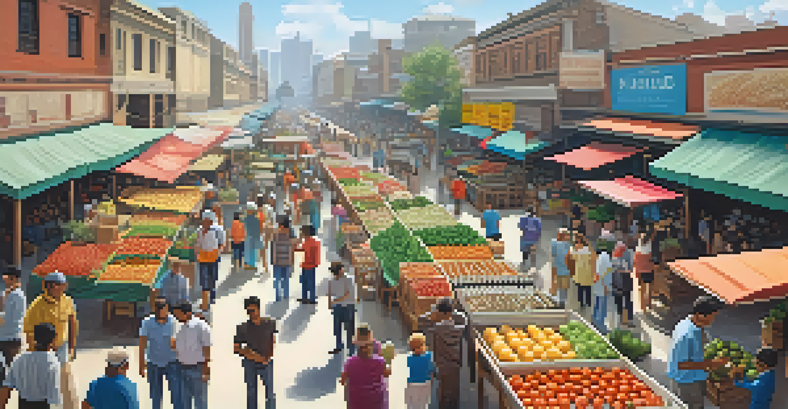 A vibrant city market with colorful stalls and people shopping.