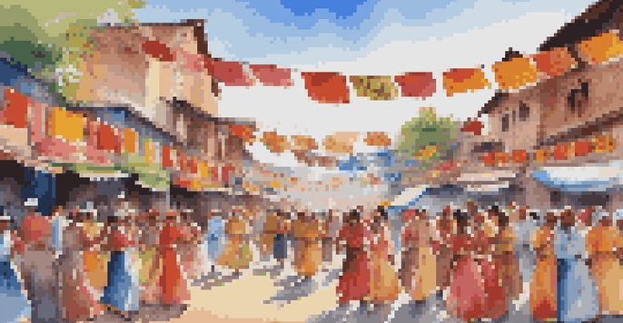 A lively local festival with people in colorful traditional outfits dancing and enjoying music, surrounded by stalls with handmade crafts and festive decorations.