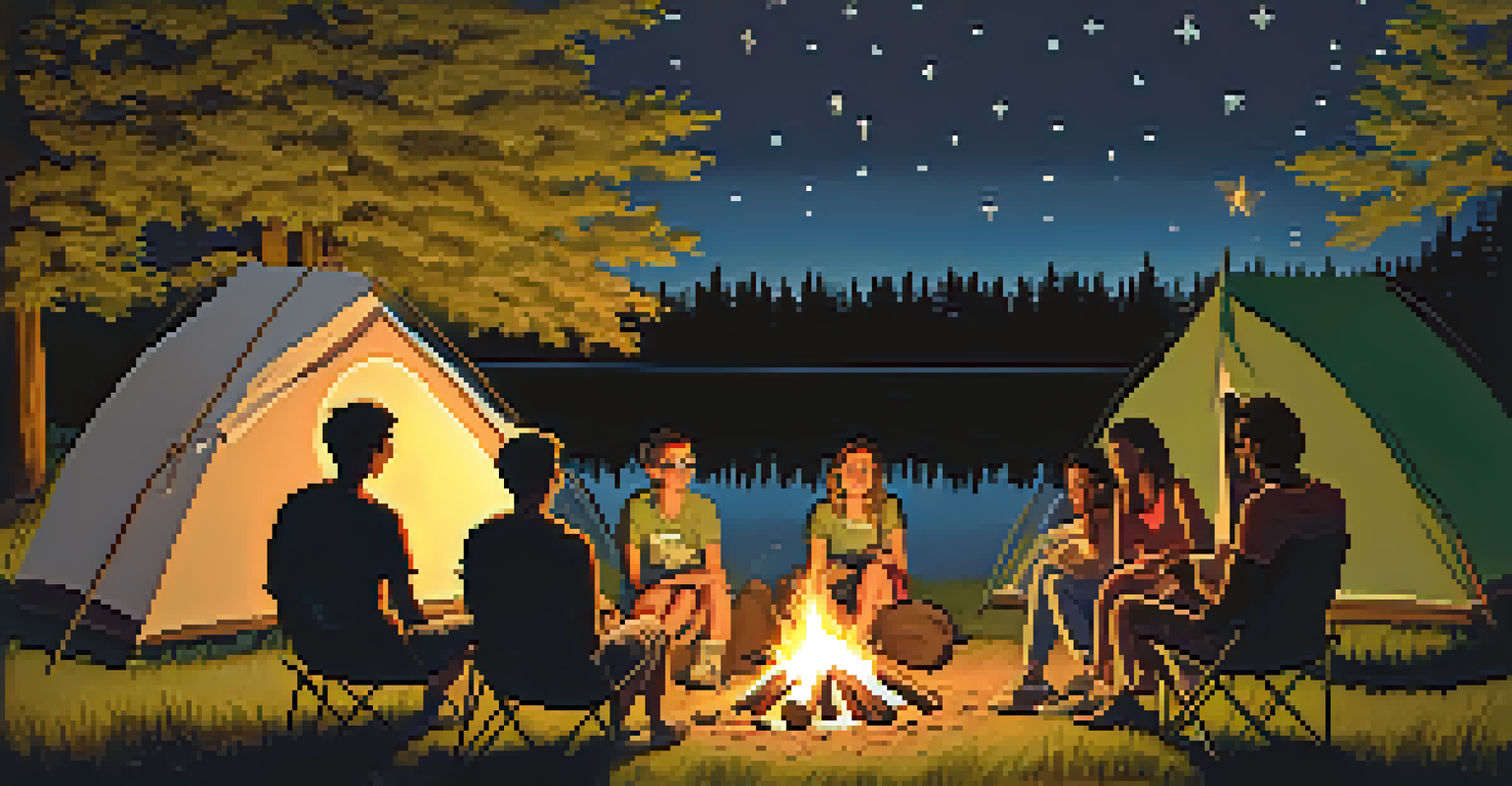 Campers around a campfire at night, enjoying stories and roasting marshmallows under a starry sky.