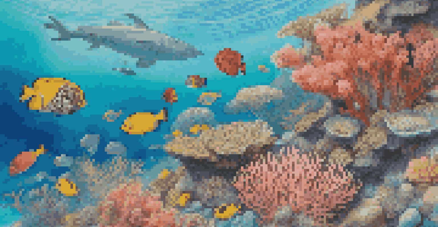 Close-up of a coral reef featuring tropical fish and a diver planting coral for restoration.