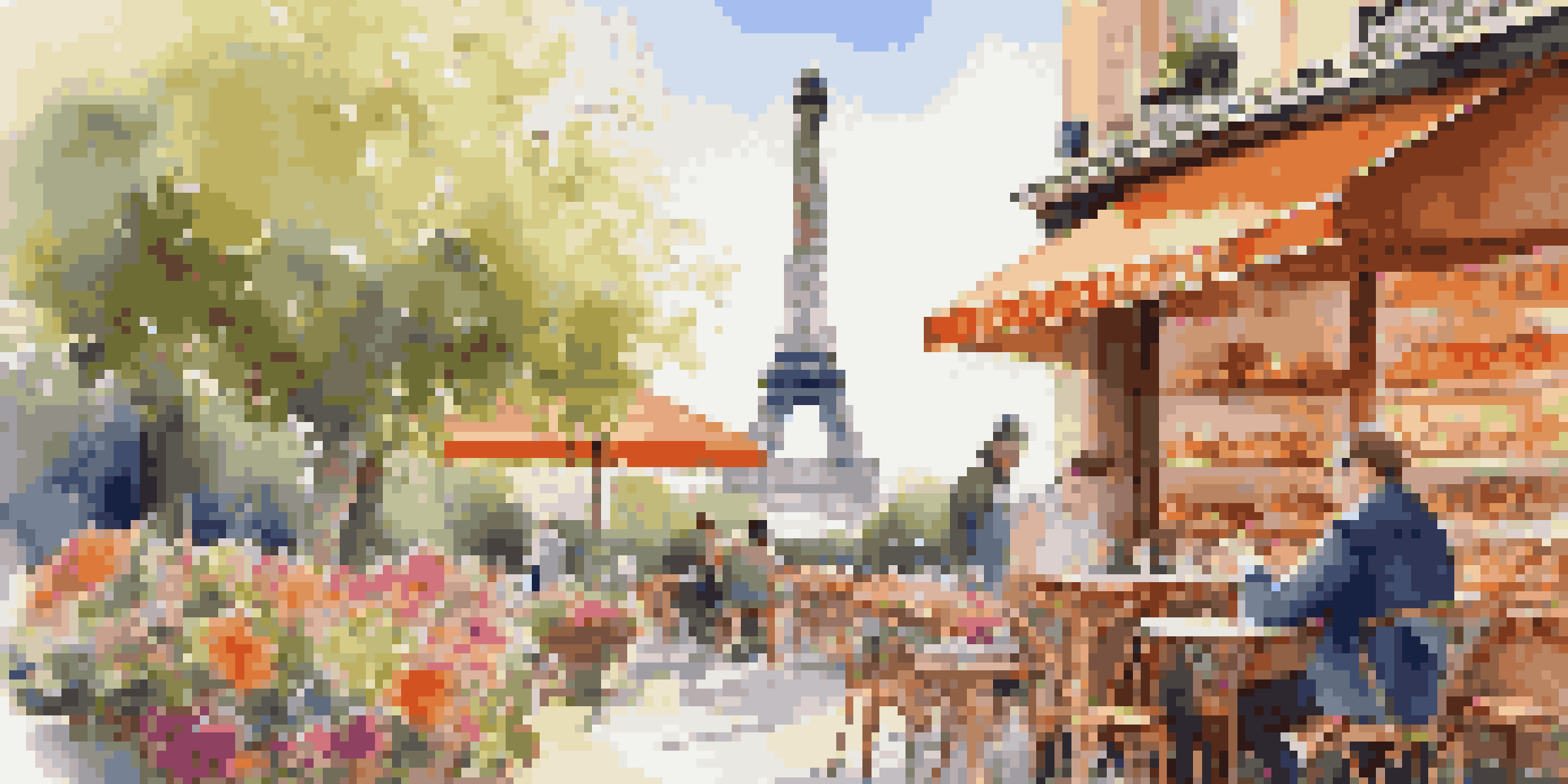 A traveler sitting at a café in Paris, looking at a smartphone with the Eiffel Tower in the background, surrounded by flowers.