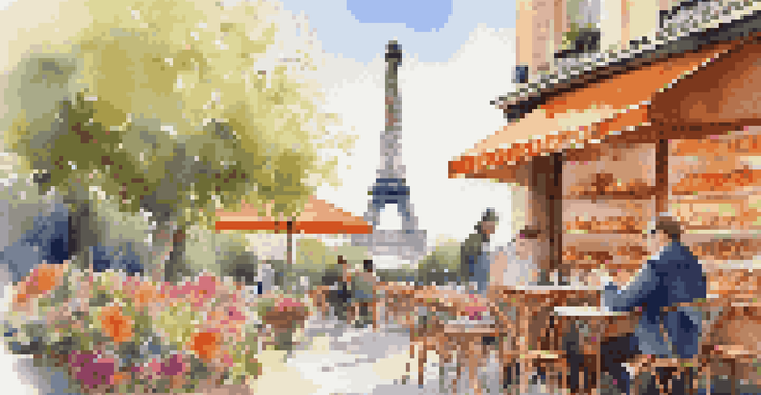 A traveler sitting at a café in Paris, looking at a smartphone with the Eiffel Tower in the background, surrounded by flowers.