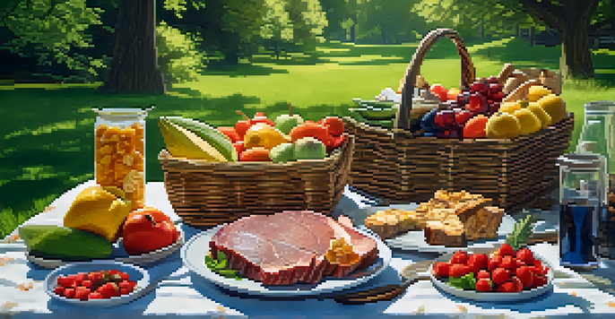 A picnic setup with an assortment of fresh fruits, vegetables, and grilled meats on a wooden table in a sunny park.