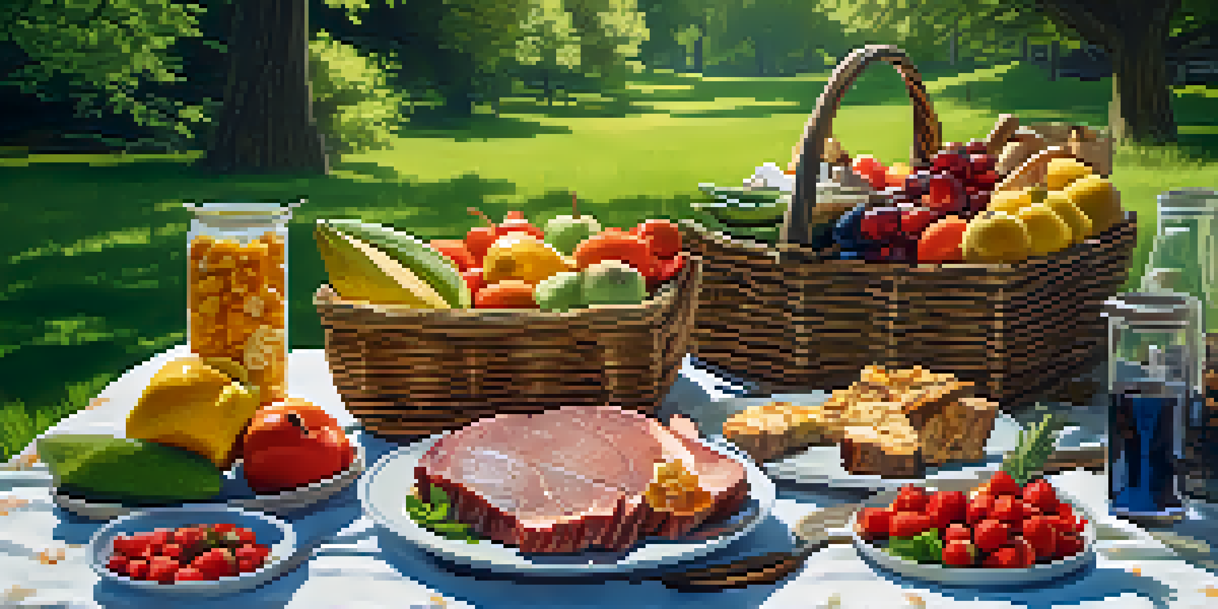 A picnic setup with an assortment of fresh fruits, vegetables, and grilled meats on a wooden table in a sunny park.