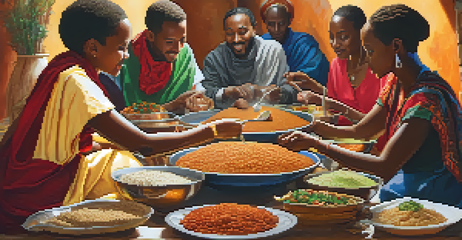 A colorful Ethiopian dining experience with a communal platter of injera and stews, where guests are sharing the meal using their hands.