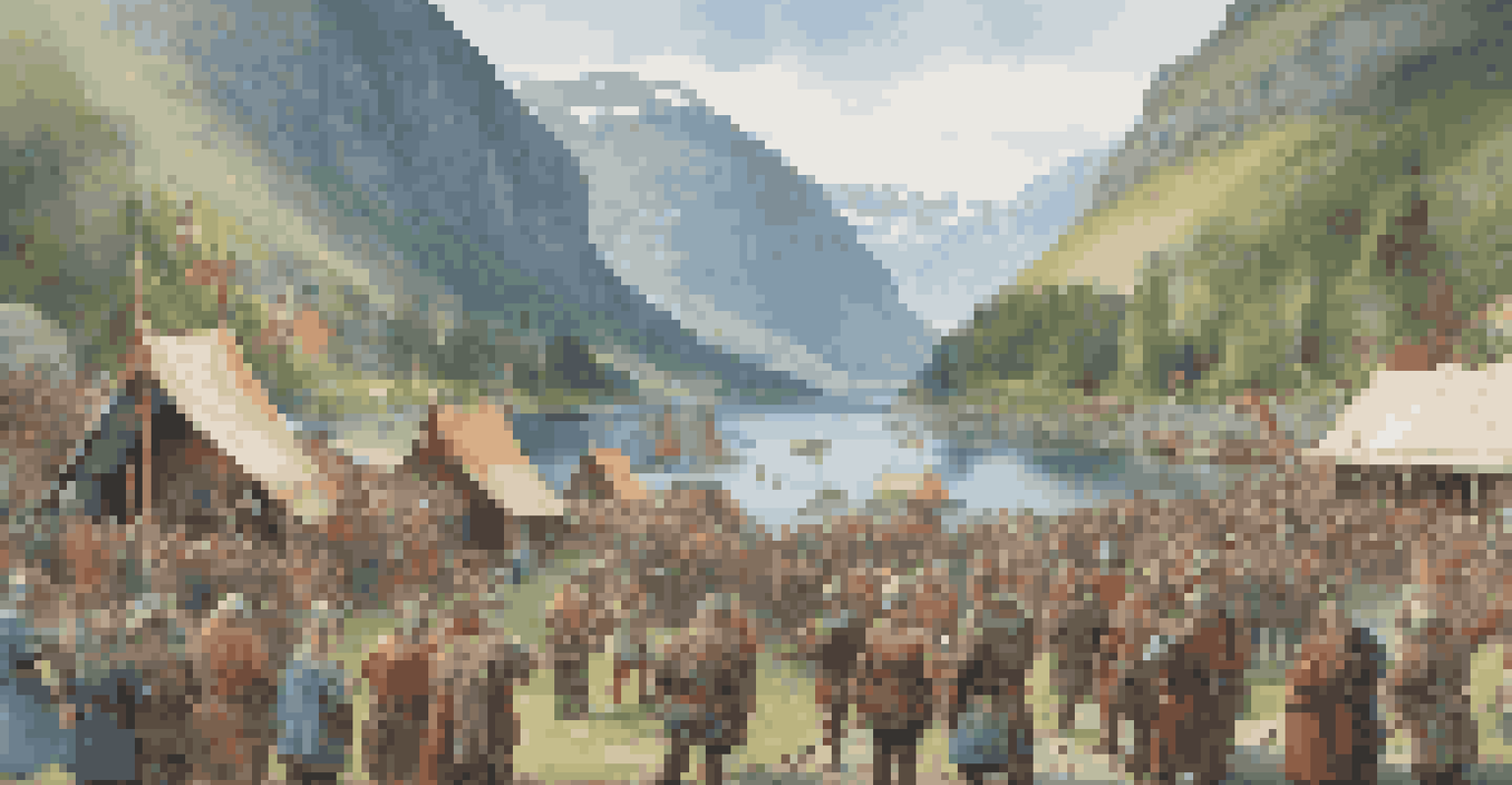 A lively Viking festival in Gudvangen with participants in traditional attire, showcasing crafts and activities against a stunning fjord backdrop.