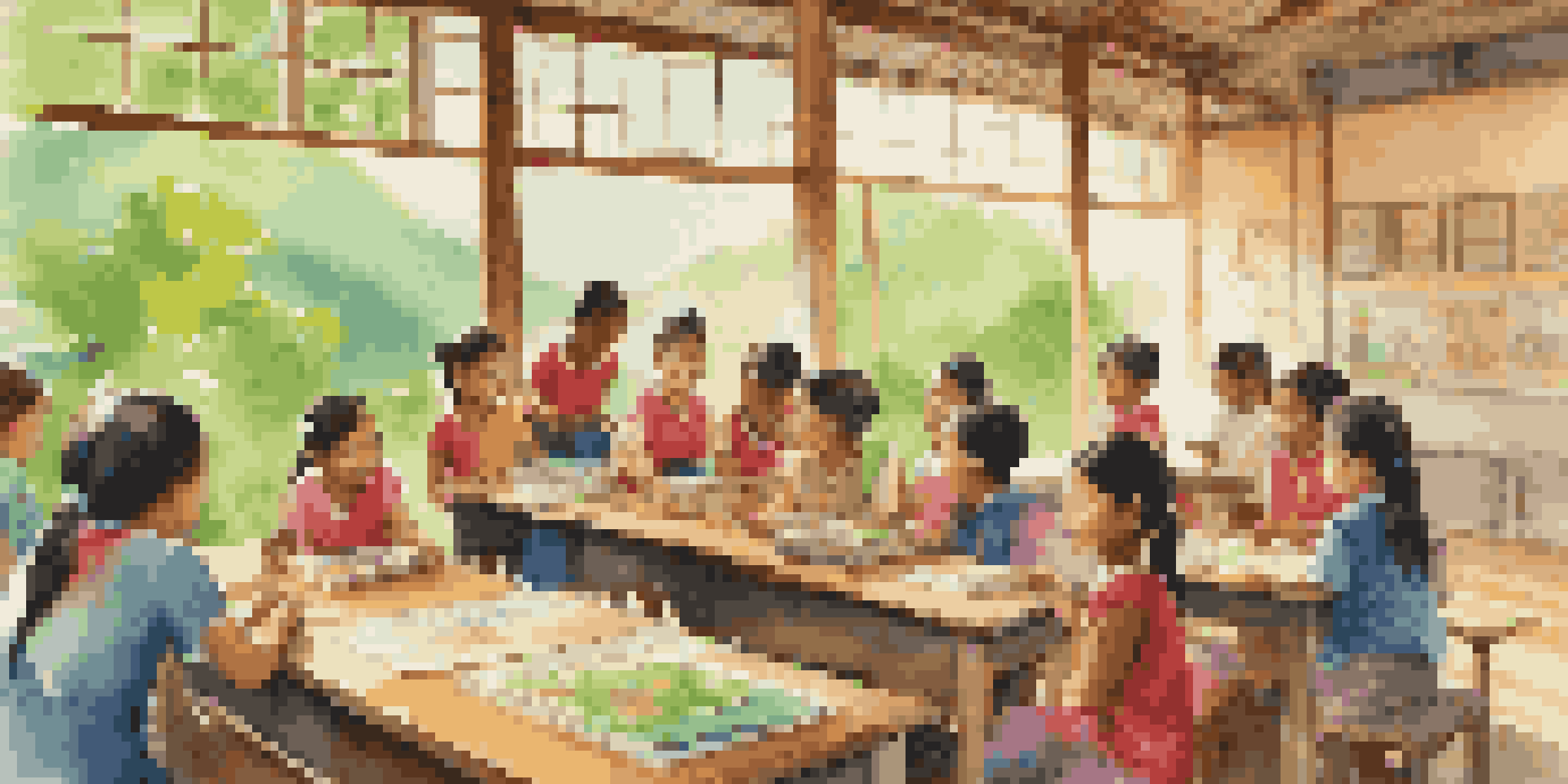 A group of diverse volunteers teaching children in a colorful rural classroom surrounded by green hills under warm sunlight.