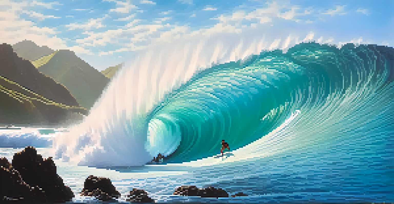 A surfer riding a large hollow wave at Teahupo'o, with spectators and rocky shoreline in the background.