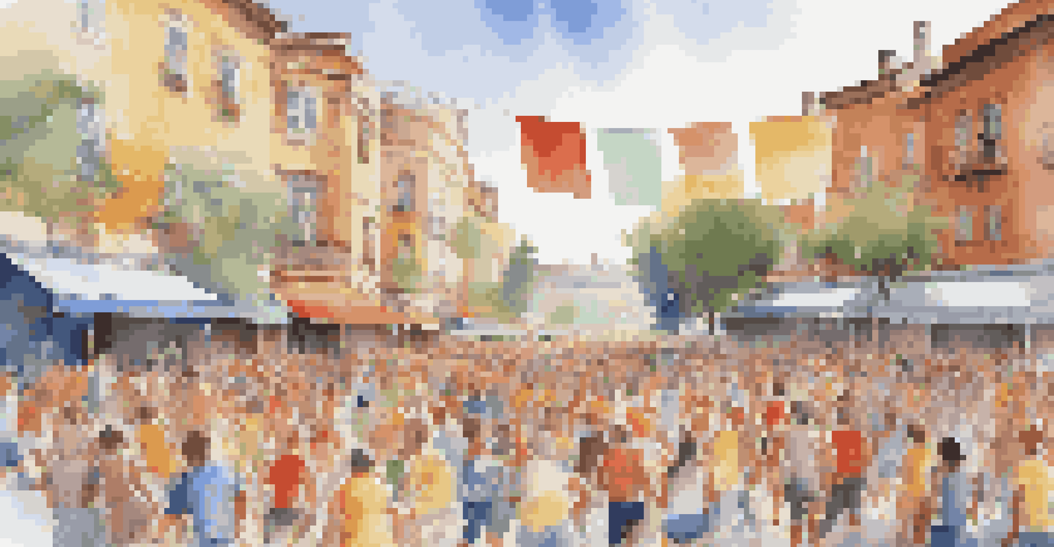 A lively local sports festival with participants in various sports and enthusiastic spectators in a town square.
