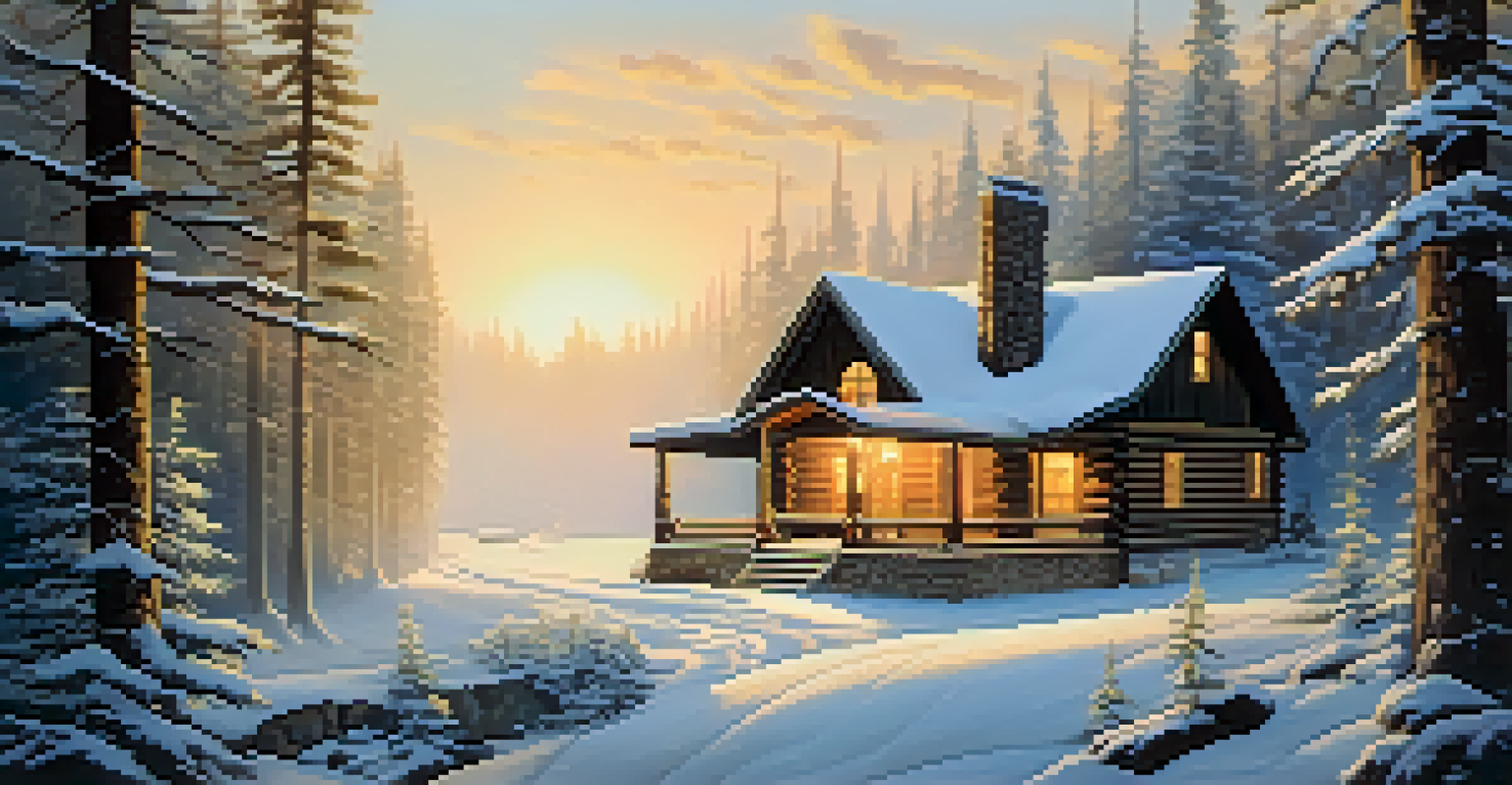 A warm cabin in a snowy forest, surrounded by pine trees, with smoke rising from the chimney and golden light shining from the windows.