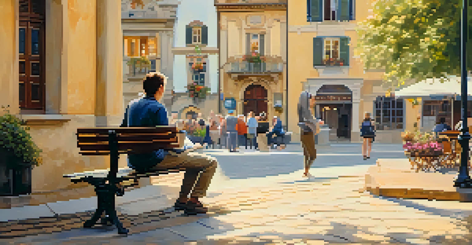 A traveler in a historic town square, reading a phrasebook while enjoying the local atmosphere and beautiful architecture.