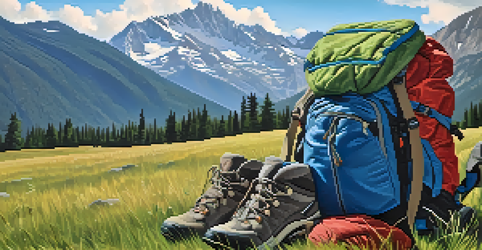 A blue backpack on a meadow with hiking gear and mountains in the background.