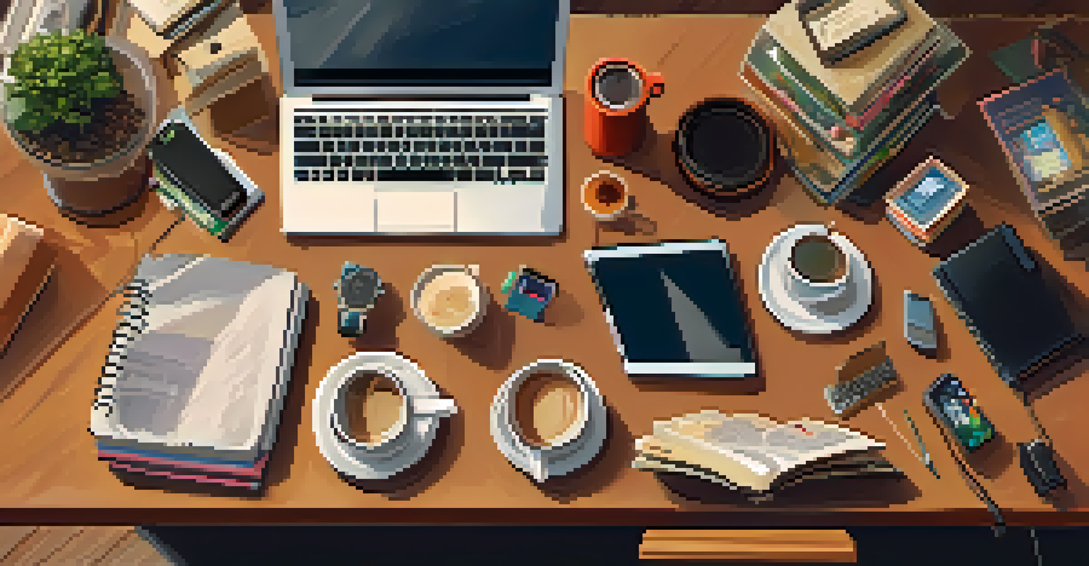 An overhead view of a cluttered desk filled with unused items and a smartphone displaying a marketplace app.