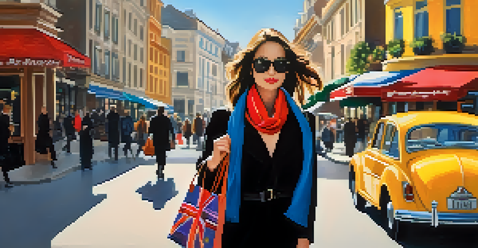 A traveler in a black dress and jacket, accessorized with a scarf and tote bag, walking through a vibrant city street.