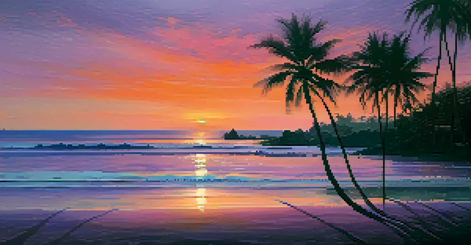 A tranquil beach in Bali at sunset, with silhouetted palm trees and a sky filled with orange, pink, and purple hues.