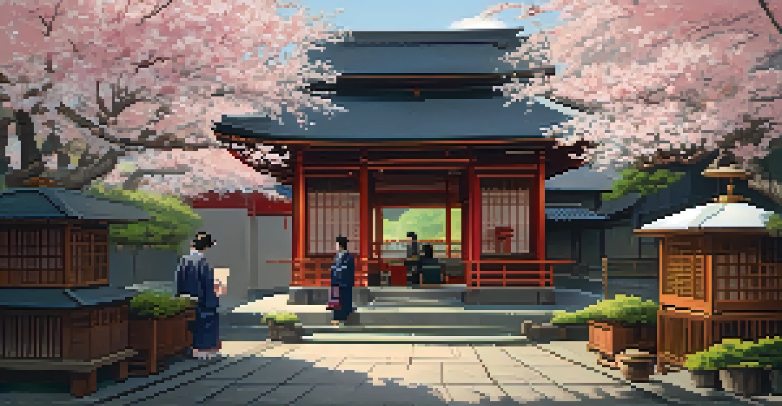 A traditional Japanese tea house with patrons conversing peacefully in a serene environment surrounded by cherry blossoms.