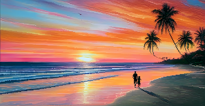 A tropical beach at sunset with palm trees and a couple walking on the shore.