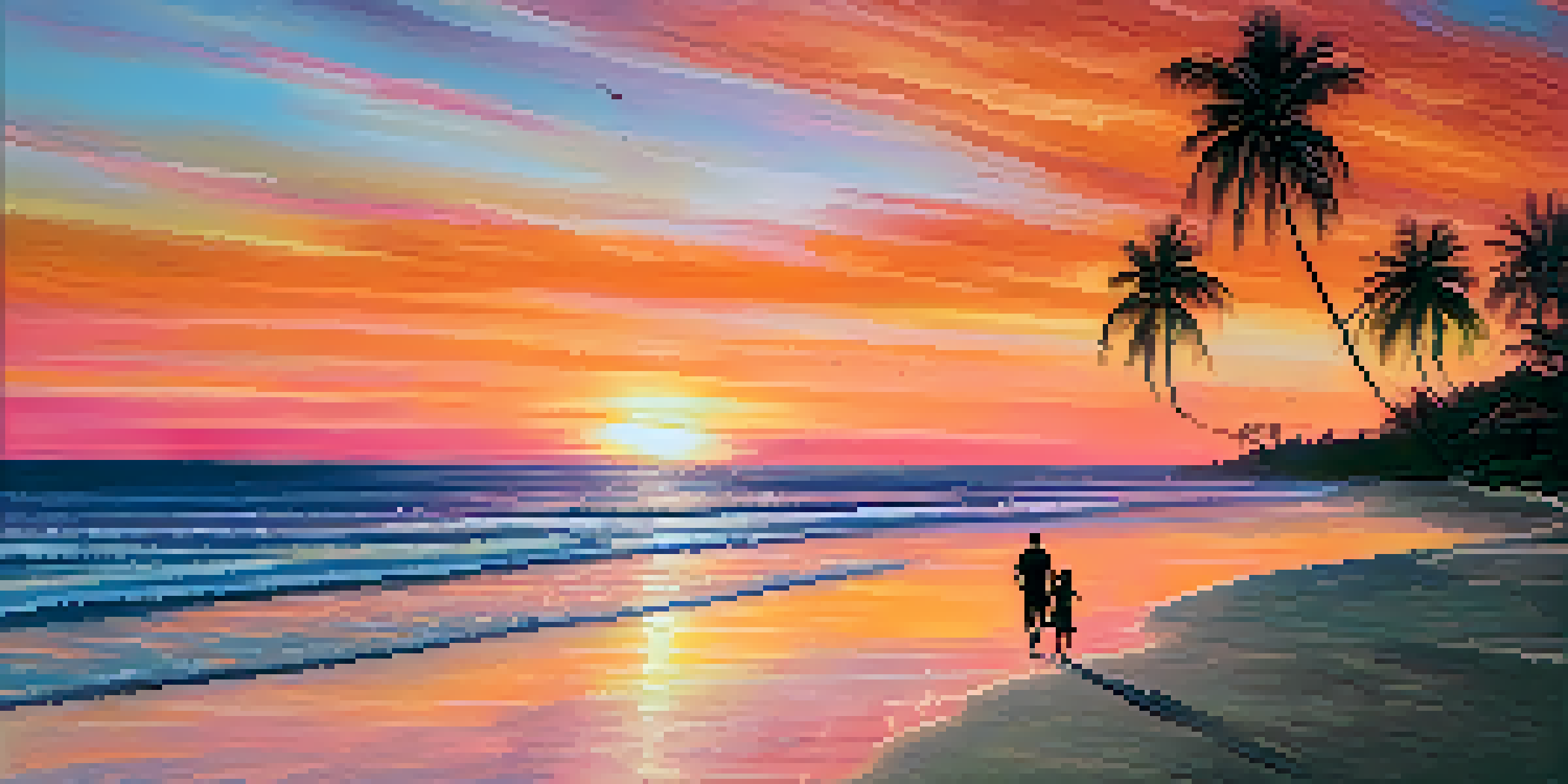A tropical beach at sunset with palm trees and a couple walking on the shore.