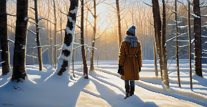 A person in a layered winter outfit stands among snow-covered trees, with sunlight filtering through the branches.