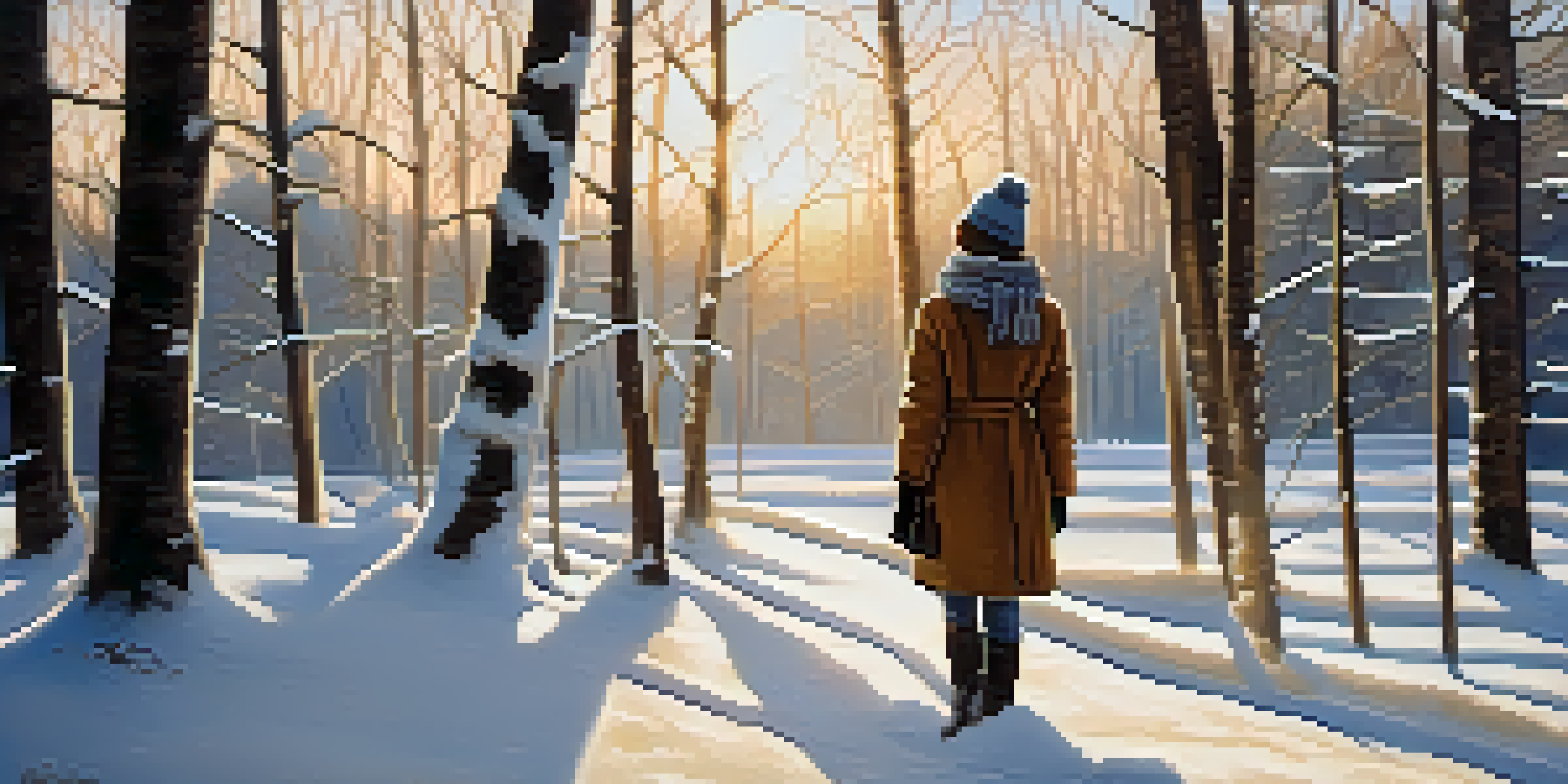 A person in a layered winter outfit stands among snow-covered trees, with sunlight filtering through the branches.