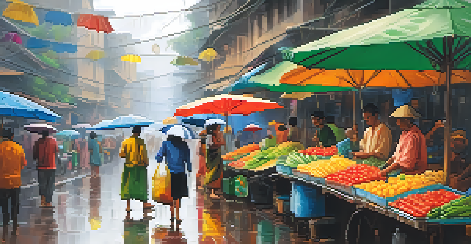 A lively street market in the rain during monsoon, featuring colorful umbrellas, fresh produce stalls, and people enjoying hot snacks.