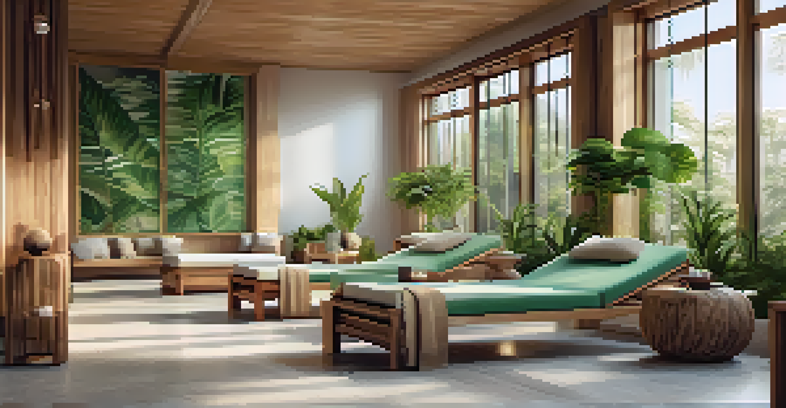 A peaceful wellness spa in an eco-friendly hotel with natural wood accents and plants, illuminated by sunlight.