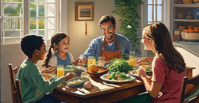 A family cooking together in a cozy vacation rental, surrounded by fresh ingredients and sunlight.