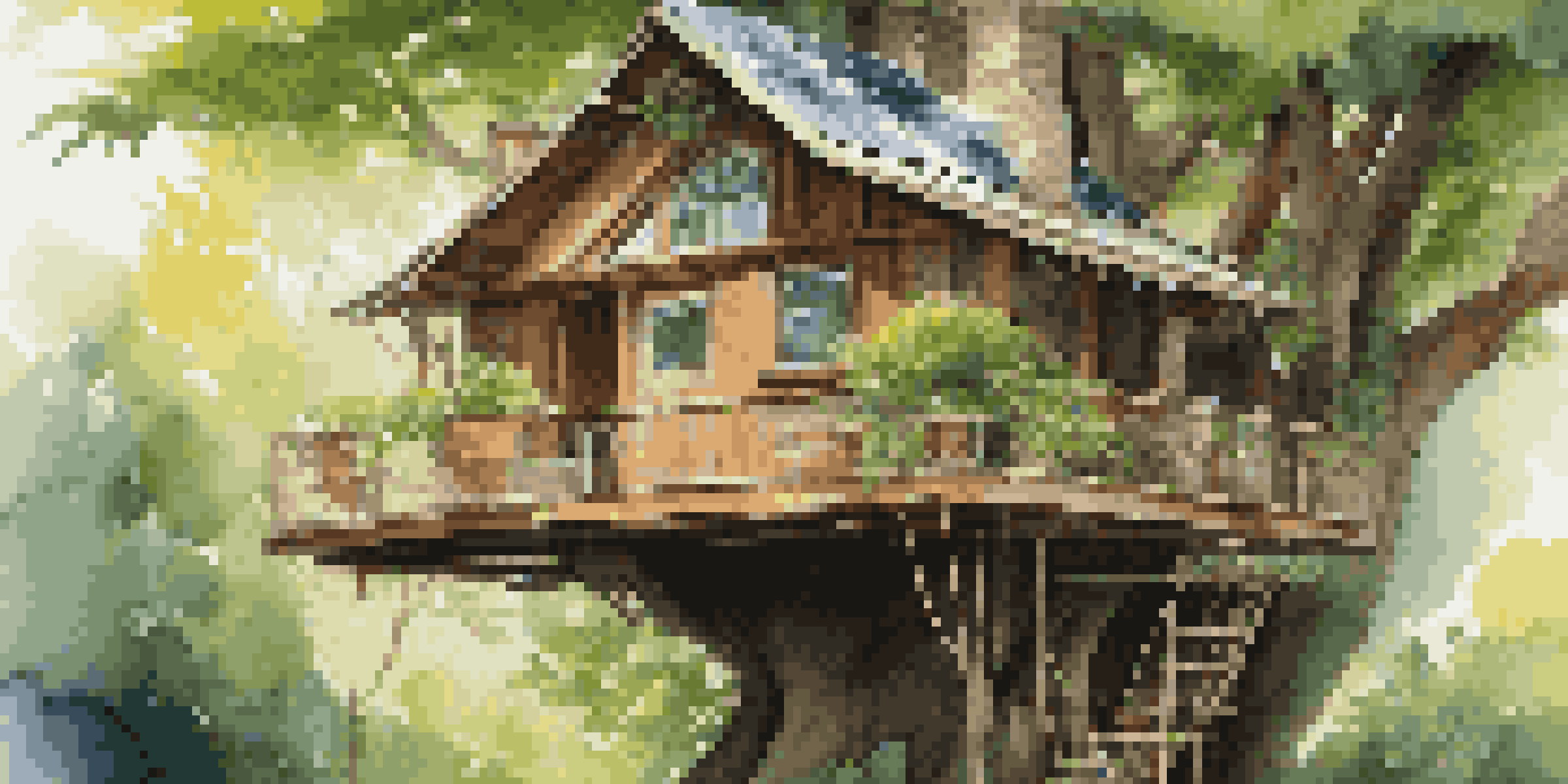 A treehouse surrounded by green trees with solar panels on the roof, sunlight shining through the leaves.