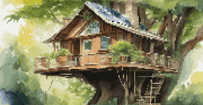 A treehouse surrounded by green trees with solar panels on the roof, sunlight shining through the leaves.