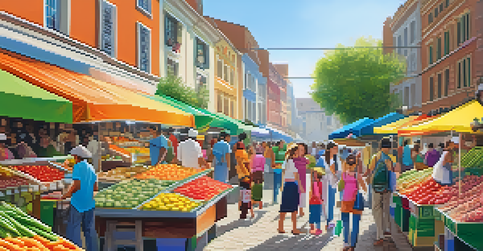A family enjoying a local food market, sampling fresh produce and snacks amidst colorful stalls and a lively atmosphere.